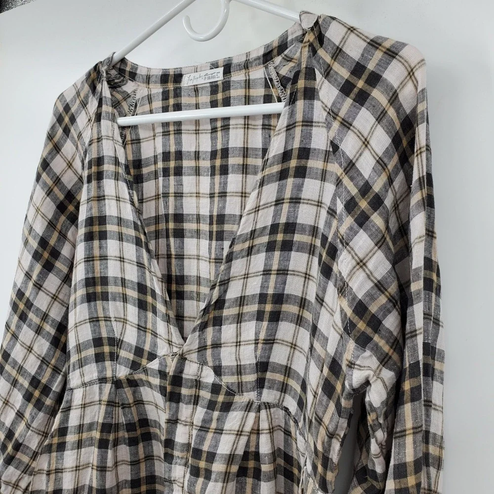 Free People x CP Shades Plaid Linen Mini Dress Tan Black V-Neck Boho Small